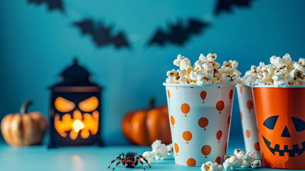 Buckets with tasty popcorn lantern and spider on blue