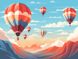 Obraz premium Hot air balloons in the sky flat design top view festival theme cartoon drawing Splitcomplementary color scheme.