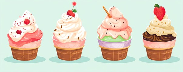 Ice cream in waffle bowls flat design side view comfort theme cartoon drawing colored pastel.