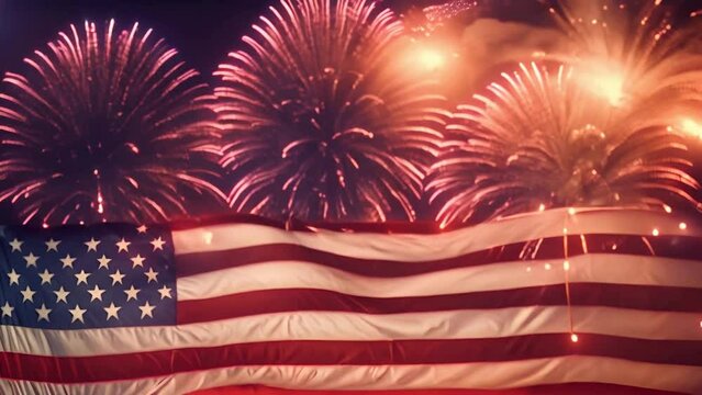 celebration of the 4th of July, Independence Day, excitement and wonder of a fireworks against the backdrop of the night sky. American flag in the background, illuminated by bursts of colorful firewor