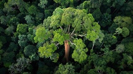 View from the top of a large lush tree in the middle of a green forest. AI generated image