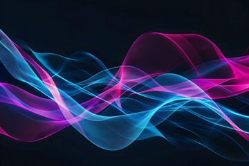 Vibrant neon waves in a dynamic composition of blue and pink hues. Abstract art on black background.