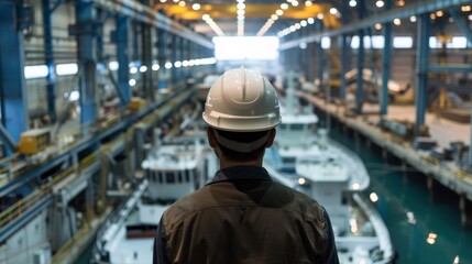 A worker wearing a hard hat looks out over a shipyard.