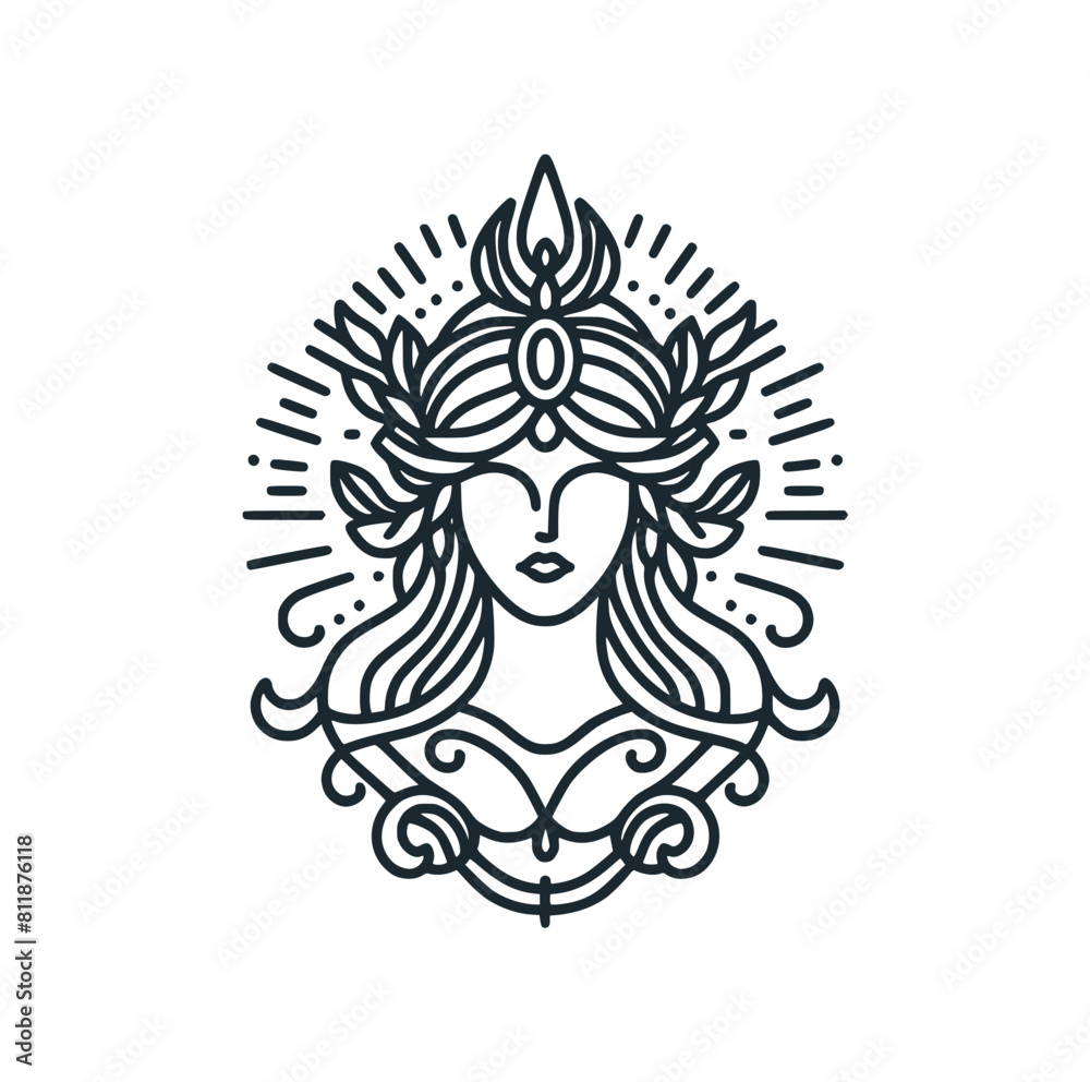 Sticker The greek myth goddess. Black white vector illustration.