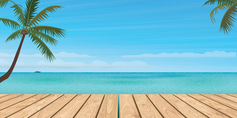 Wooden pier with tropical blue sea background template vector illustration have blank space for advertisement or products presentation.