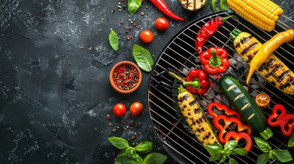 A variety of colorful bell peppers and chili peppers are sizzling on the grill, ready to be used as...