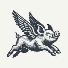 Flying pig. Woodcut engraving style vector illustration.