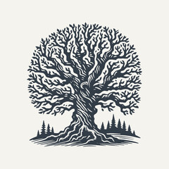 Tree without leaves. Woodcut engraving style vector illustration.