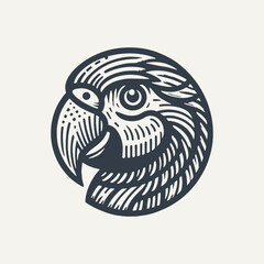 Round Parrot Logo Icon. Woodcut engraving style vector illustration.