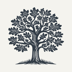 Oak Tree. Woodcut engraving style vector illustration.