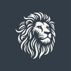 Lion Head Logo Icon. Woodcut engraving style vector illustration on dark background.