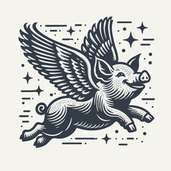 Flying pig. Woodcut engraving style vector illustration.