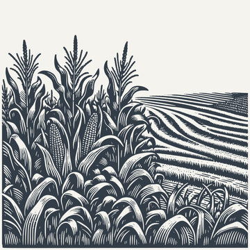 Corn field. Woodcut engraving style vector illustration.