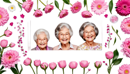 smiling grandchildren flowers day pink grandmother background light women s girl woman granddaughter daughter generation old young holiday female family love february summer spring flower bouquet