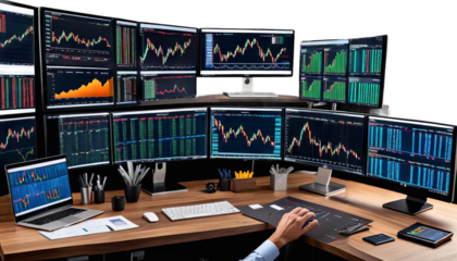 desk screens set trading look professional big trader charts investor stock exchange market forex money chart investment