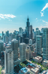 Aerial panoramic city view of Chicago downtown area at day time, Illinois, USA Birds eye view of skyscrapers at financial district, skyline A vibrant business neighborhood