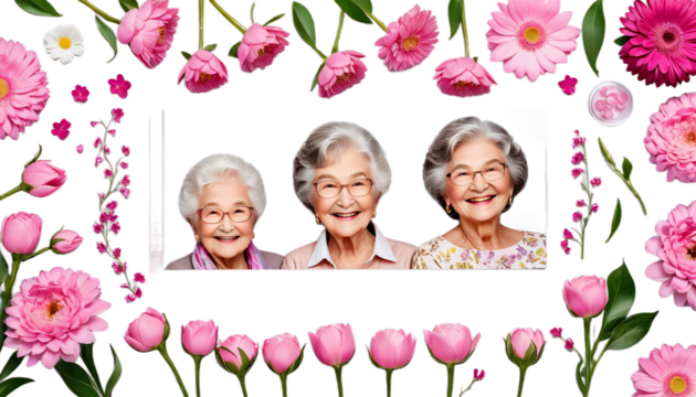 smiling grandchildren flowers day pink grandmother background light women s girl woman granddaughter daughter generation old young holiday female family love february summer spring flower bouquet