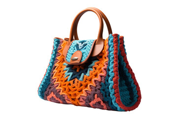 A colorful purse made of yarn. The purse is made of different colors and has a brown handle