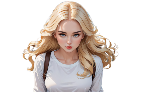 stands hair camera illustration blonde woman looking bridge blond confident femaleyoung beautiful natural gazing standing serene portrait tranquil calm joyous determined strong proud smile sunlit