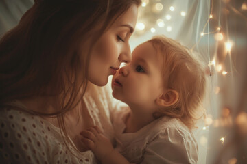 Tender moment between a mother and her toddler, sharing a gentle kiss in a warmly lit, cozy setting. - Powered by Adobe