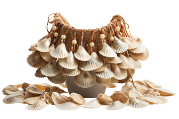 Obraz premium A white vase with shells on it. The shells are arranged in a way that they look like a necklace