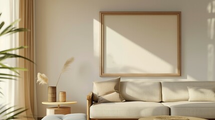 Frame mockup, modern Scandinavian style home interior, closeup wall poster frame,