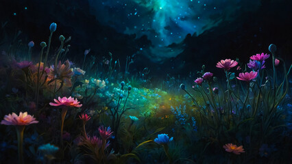 fantasy, forest, flower, magic, night, garden, background, moon, fairy, landscape, dreamy, pink, nature, tree, holiday, green, fairytale, floral, fog, moonlight, leaves, wood, love, abstract, way, bio