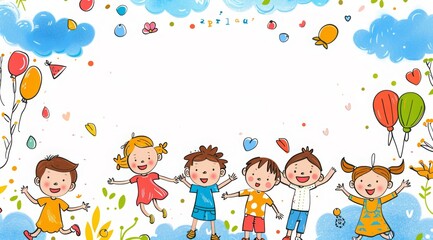 Fototapeta premium Happy Children's Day. children of all ages with happy faces smiling and laughing, cartoon characters with cute clouds in the background in the style of hand drawn illustrations. 