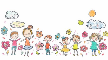 Naklejka premium Happy Children's Day. children of all ages with happy faces smiling and laughing, cartoon characters with cute clouds in the background in the style of hand drawn illustrations. 