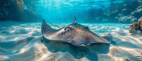 A exquisite underwater scene may be seen as a gigantic stingray swims blue over the sandy seabed lovely fresh water sun radiant and space, Generative AI.