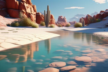 Oasis and Middle Eastern-style buildings flowing through the mysterious sand and salt desert