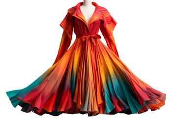 A colorful dress with a long, flowing skirt. The dress is made of a variety of colors, including red, blue, and green. The dress is designed to look like it's in motion