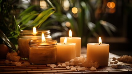 Spa products conception. Aromatherapy items. Relaxing spa set up. Spa composition with candles. Set up with essential oils. Aroma candles in jungle spa. Spa accessory composition set in spa hotel