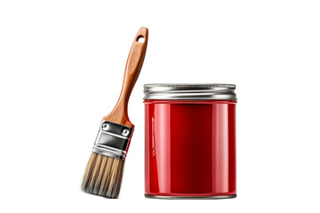 A red paint can sits next to a paintbrush. The brush is brown and has a wooden handle. Concept of painting and the importance of having the right tools for the job