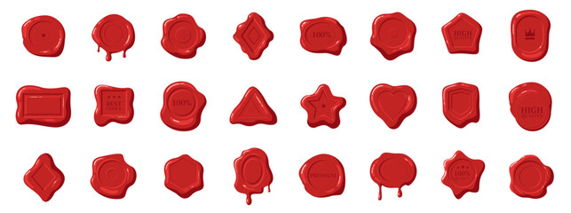 Red wax seal stamp, certificate seals. Realistic wax medallion signature stamps set.