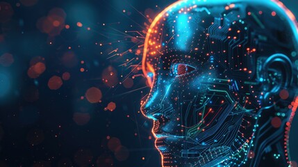 Futuristic Artificial Intelligence Face with Digital Matrix Background

