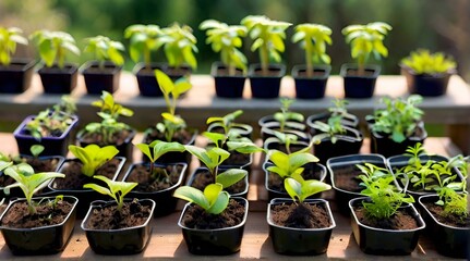 seedlings for a vegetable garden in a greenhouse, growing seedlings at home. variety of flower seedlings in plastic plant pots with young green sprouts. garden and planting season.