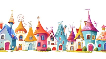Naklejka premium Whimsical and Colorful Fantasy Village with Unique Architectural Designs and Imaginative Homes in a Storybook Landscape