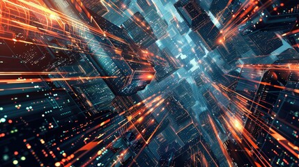 Futuristic Cityscape with Neon Lights and Digital Elements in Motion
