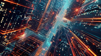 Fototapeta premium Futuristic Cityscape with Neon Lights and Digital Elements in Motion 