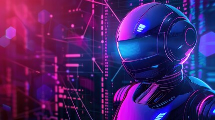 A futuristic robot, a chat bot with neon lights against the backdrop of the digital web
