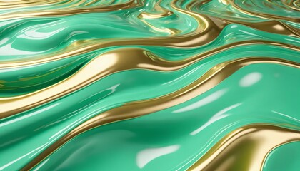 Fototapeta premium Shiny flow mint green and metallic gold liquid