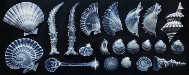 An Xray scan of a diverse collection of sea shells, displaying a range of sizes and intricate shapes