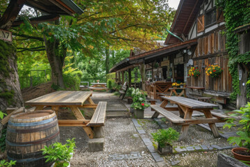 Fototapeta na wymiar Charming rustic outdoor café set in a lush garden, with wooden tables and benches inviting relaxation.
