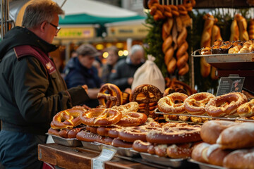 Traditional bakery stall at a local market showcasing fresh pretzels and breads, inviting a taste of local cuisine.