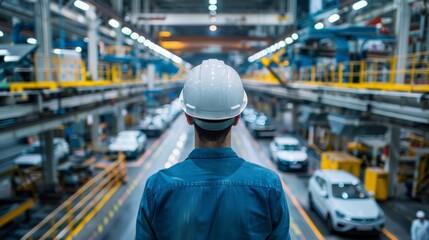A worker in a hard hat looks out over an automobile factory.EV electric car, automotive industry