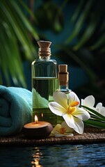 Spa towels in palms. Vanila essential oil. Rolled towels and natural palm leaves. Herbalist medicine product. Spa bottles with vanila essential oil. Spa vanila oil. Vanilla flower essential oil