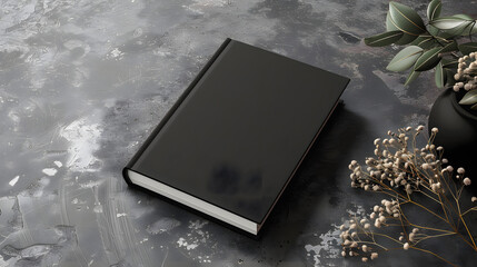 Black book mockup with workspace accessories on a grey table with plants.