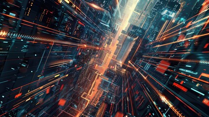 Futuristic Cityscape with Neon Lights and Digital Elements in Motion
