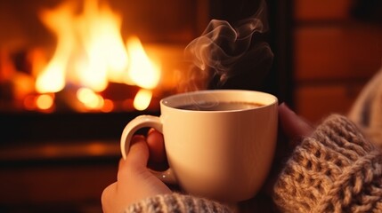 Fototapeta premium Hands Holding Cup by Fireplace. Concept Cozy Moments,